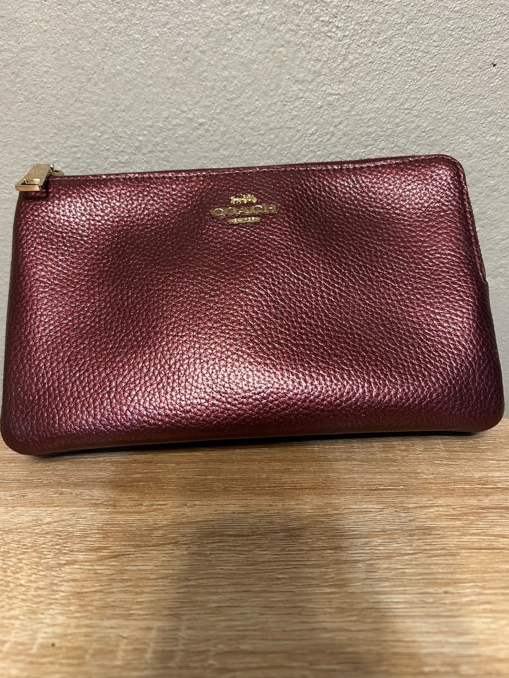 Coach F87587 Double Zip Wristlet Wallet Metallic Wine Burgundy Pebble Leather